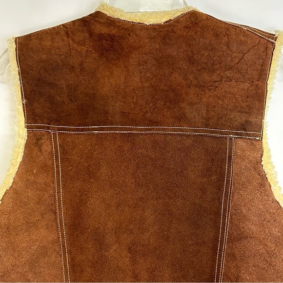 Vintage Genuine Suede Leather Faux Sherpa Vest Snaps Pockets Brown Unisex Large - Picture 5 of 16